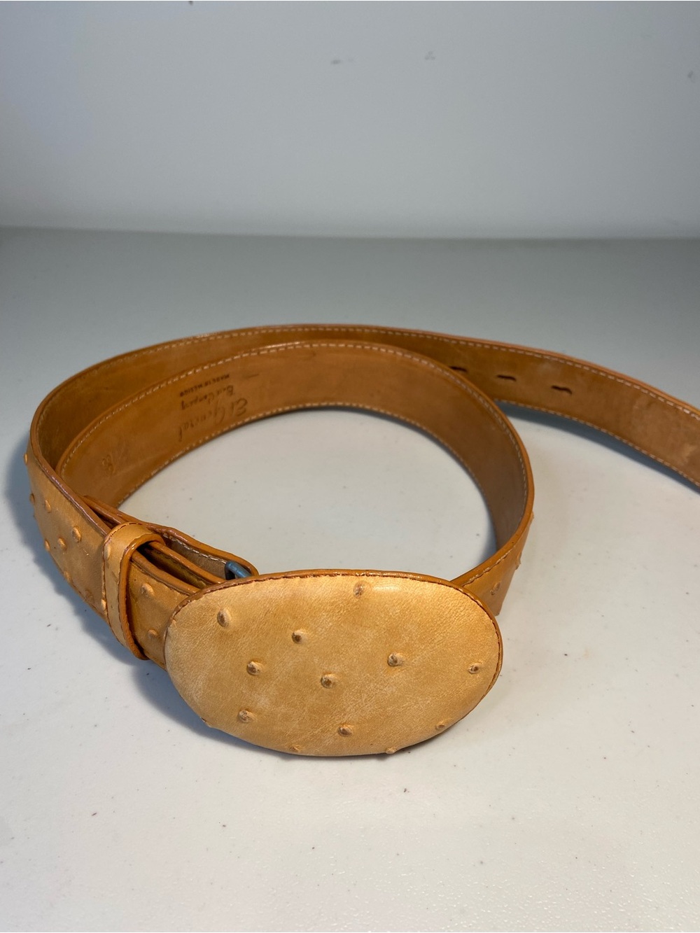 Men's Tan Leather Belt with Oval Studded Buckle